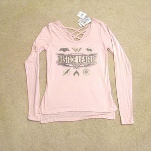 Justice League Long Sleeve Graphic Tee NEW Womens Size Small Pink Comic Heros